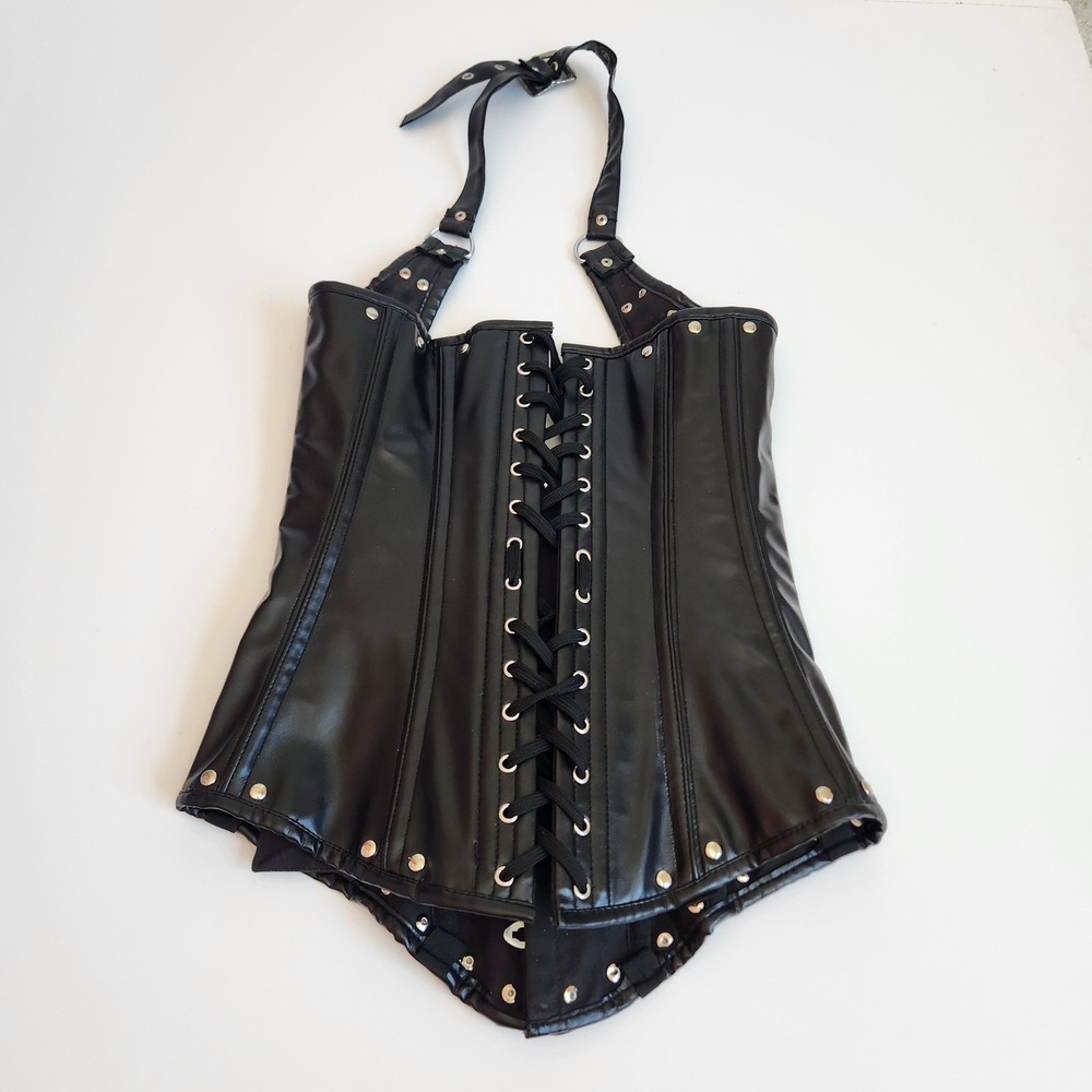 Whimsygoth Black Leather Halter Corset Top Buckle Front Lace Up Back size Medium - Picture 4 of 10